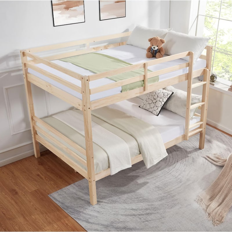 Full Over Full Bunk Bed, Thick Wood Posts, High Guardrail, Ladder