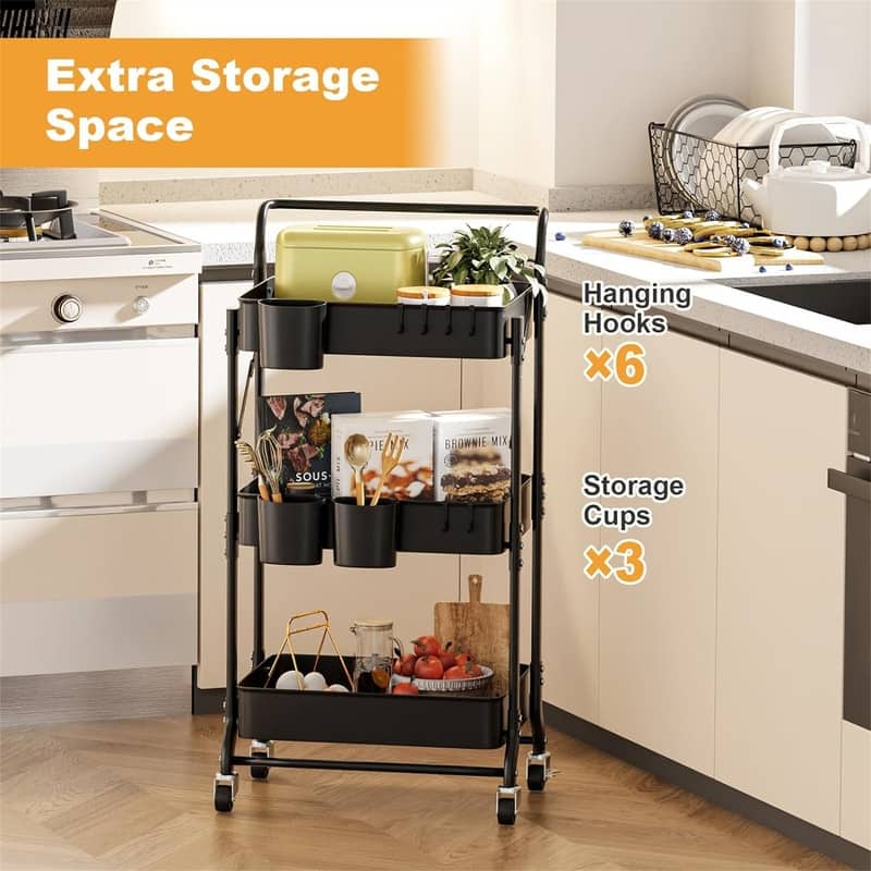 3 Tier Foldable Rolling Cart - 12"D x 17.9"W x 36.6"H