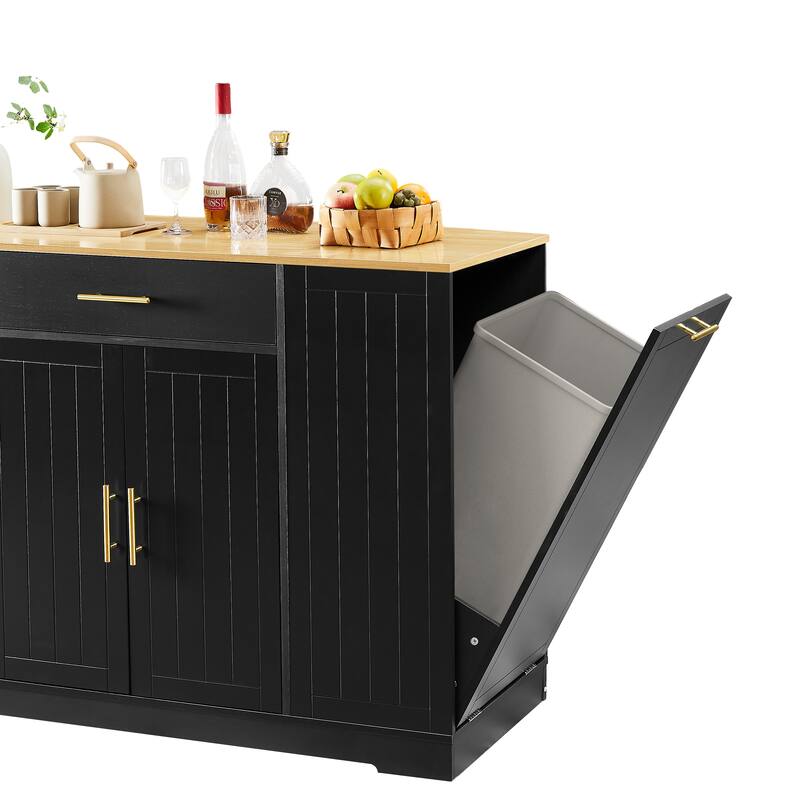 Kitchen Island with Trash Can Storage Cabinet, Kitchen Cabinet with Adjustable Shelves, Breakfast Bar Cabinet