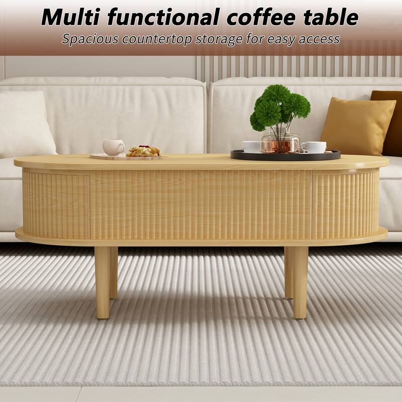 Fluted Lift Top Coffee Table with Hidden Compartment, End Table Natural Wood Side Table Center Table