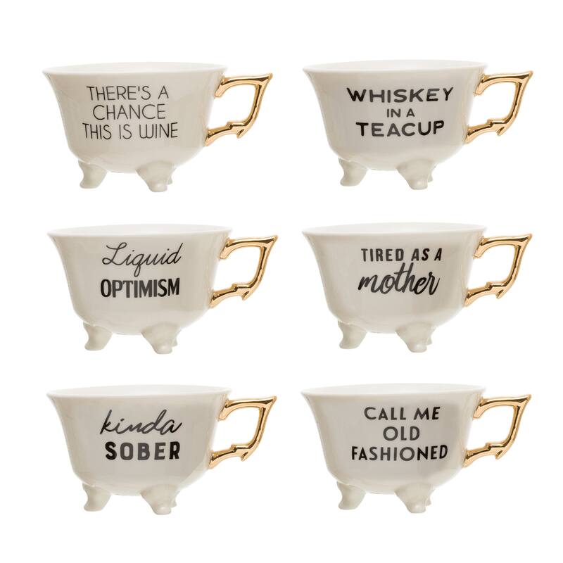 Stoneware Footed Teacup with Saying and Gold Electroplating, Set of 6 Styles