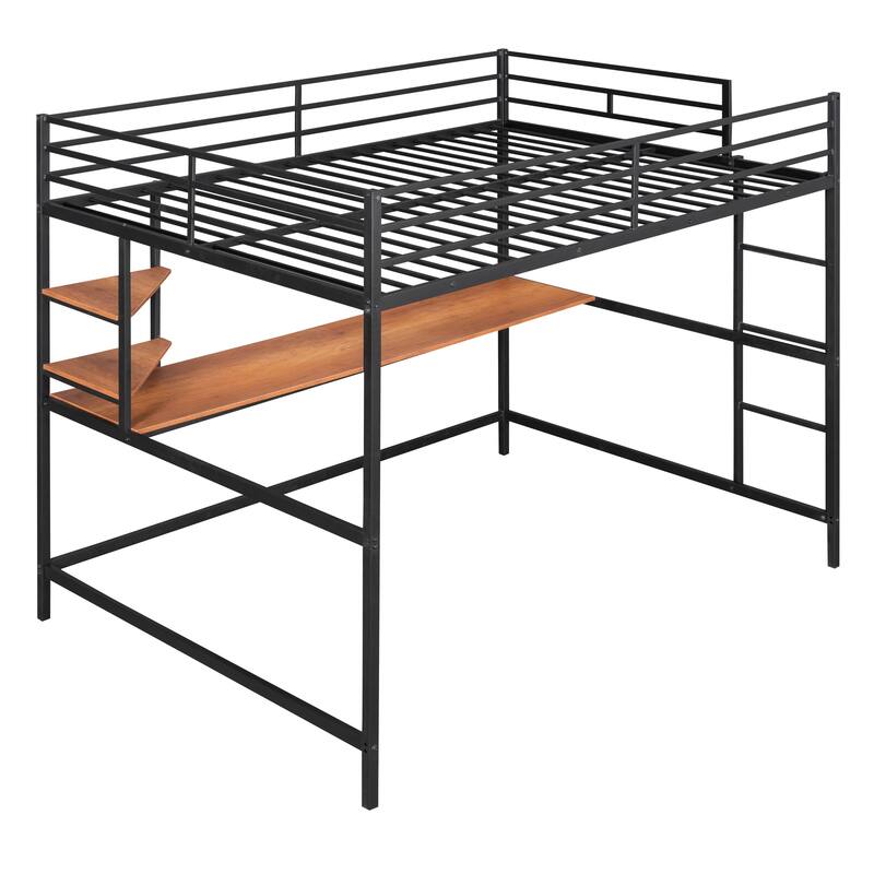 Full Metal Loft Bed with Desk and Shelves, Black