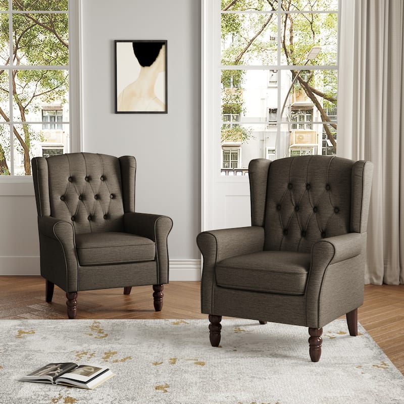 Button Tufted Armchair Wingback Wood legs Accent Chairs (Set of 2)