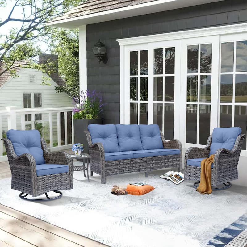 High Back Rattan Wicker Outdoor Patio Conversation Swivel chairs Sets - 4 Piece - Denim Blue/Gray Wicker