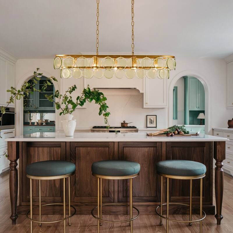 39.76" Modern Dimmable Linear Large Glass Chandelier with Circular Textured Green Glass Shade - W39.8"