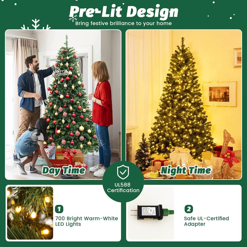 Gymax 6/7/8 FT Pre-Lit Artificial Christmas Tree Hinged Xmas Tree w/