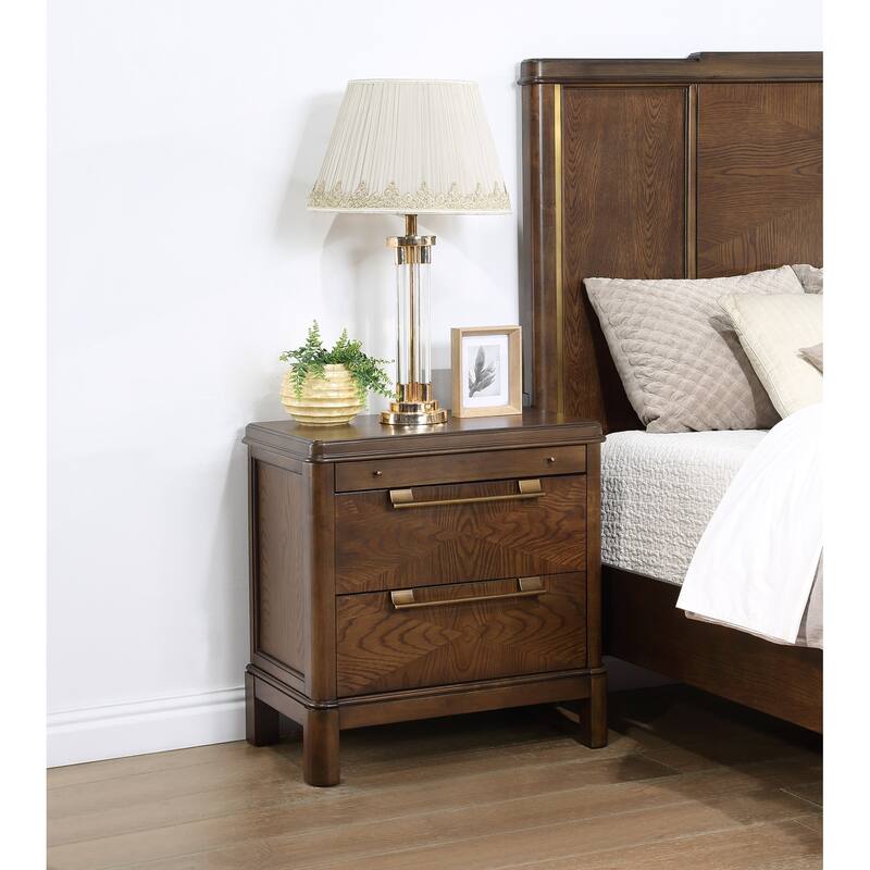 Dark Brown Walnut Nightstand, 2 Drawers with Metal Glides, White Oak Veneer, 28.75" Tall - Brown