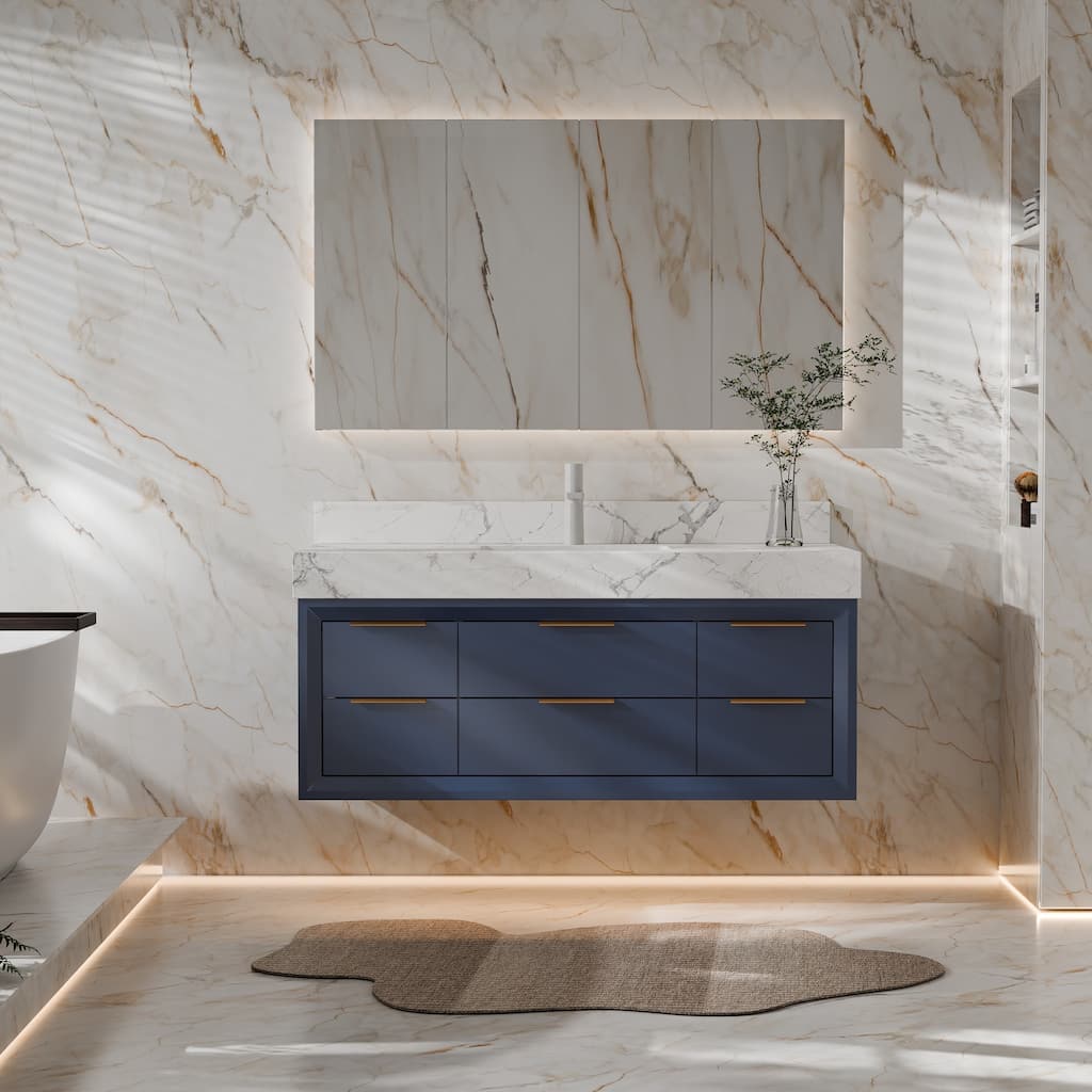 Modland 48" Modern Floating Bathroom Vanity with Single Sink, Soft-Close Drawers, White Stone Countertop