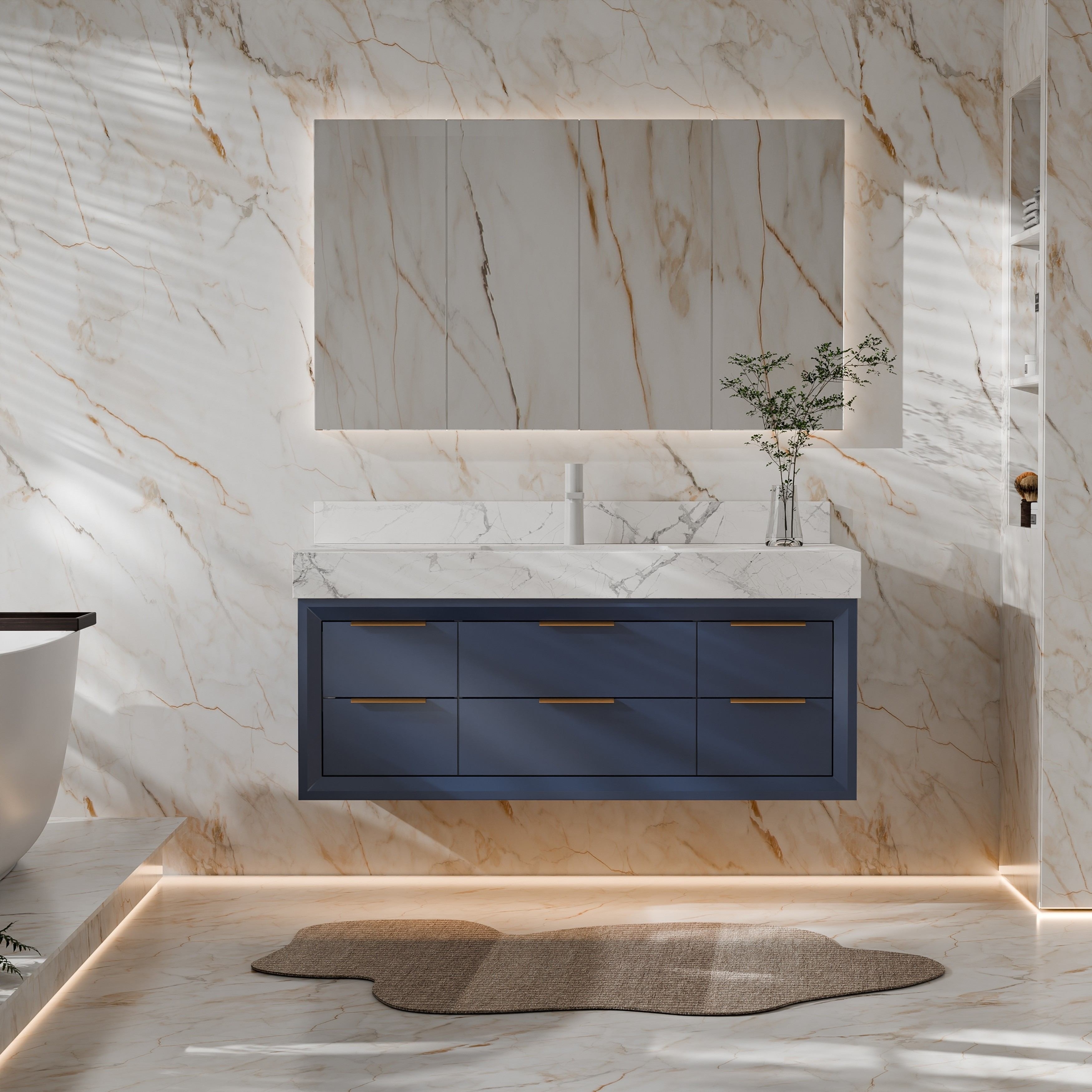 Modland 48" Modern Floating Bathroom Vanity with Single Sink, Soft-Close Drawers, White Stone Countertop