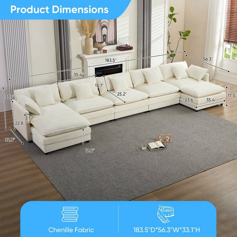 Mixoy 183''U-Shaped Chenille Modular Sectional Sofa,7-Seater Cloud Sleeper Deep Seat Couch with Ottoman and Thickened Cushions