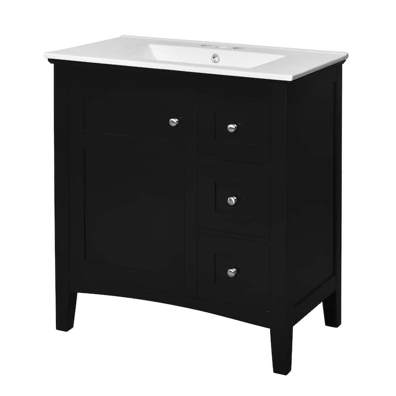 30'' Freestanding Bathroom Vanity in Black with White Integrated Ceramic Sink - 30'' x 18.3'' x 33.7''