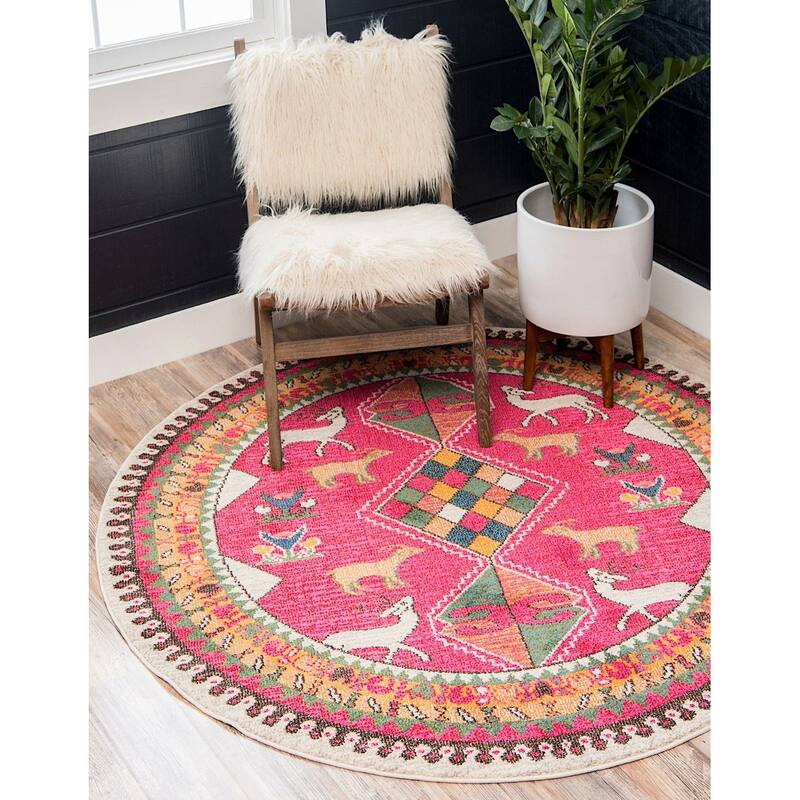 Contemporary Tazetta Collection Area Rug - 6' Round - Pink