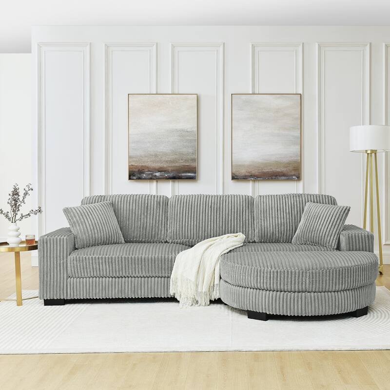 Corduroy Tufted Upholstered Sofa, L-Shaped Modular Sectional Sofa, Convertible Sleeper Sofa with Curved Ottoman