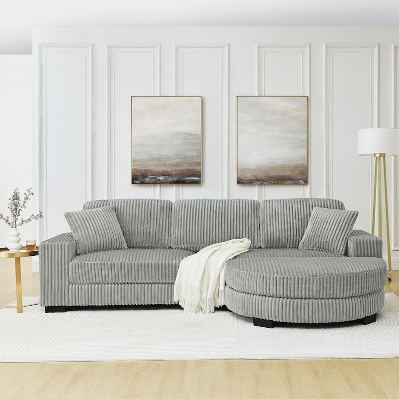 Roomfitters Corduroy Tufted Upholstered Sleeper Sectional Sofa, L-Shape Modular Convertible Sofa with Arc Footstool