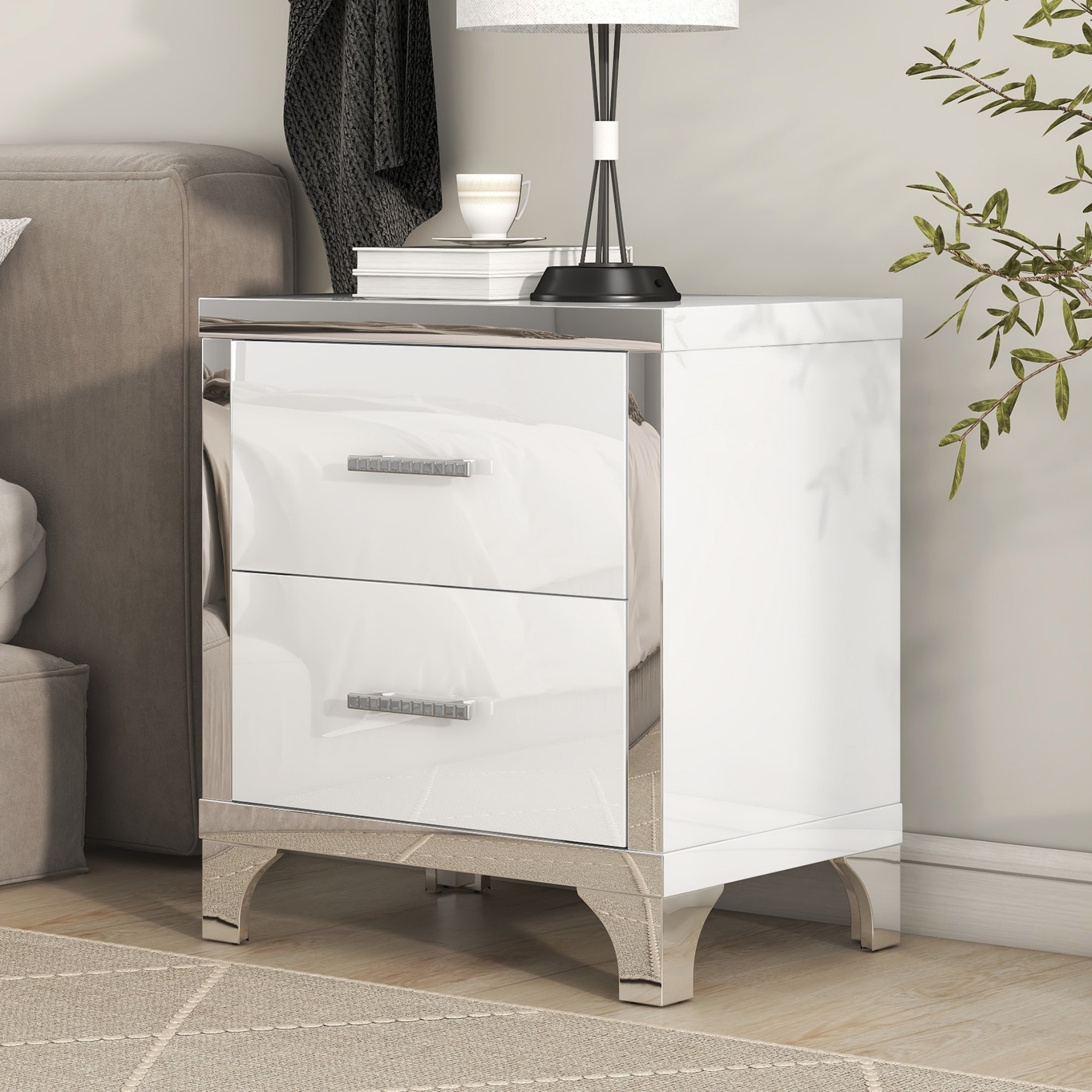 Elegant High Gloss Nightstand with Metal Handle, Mirrored 2 Drawer Bedside Table for Living Room