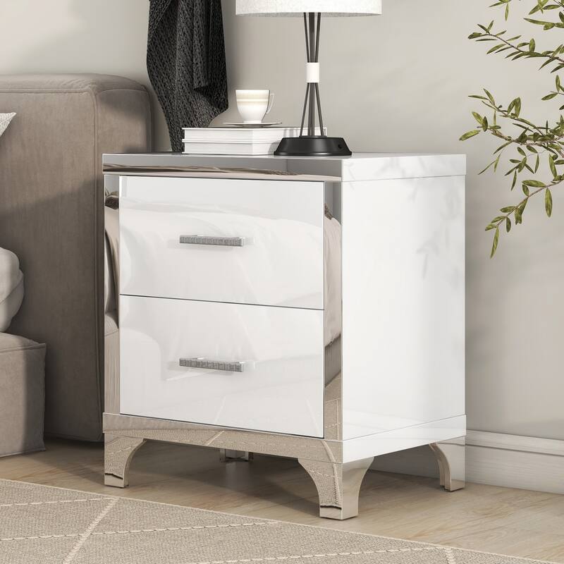 Elegant High Gloss Nightstand with Metal Handle,Mirrored Bedside Table with 2 Drawers for Bedroom,Living Room - White