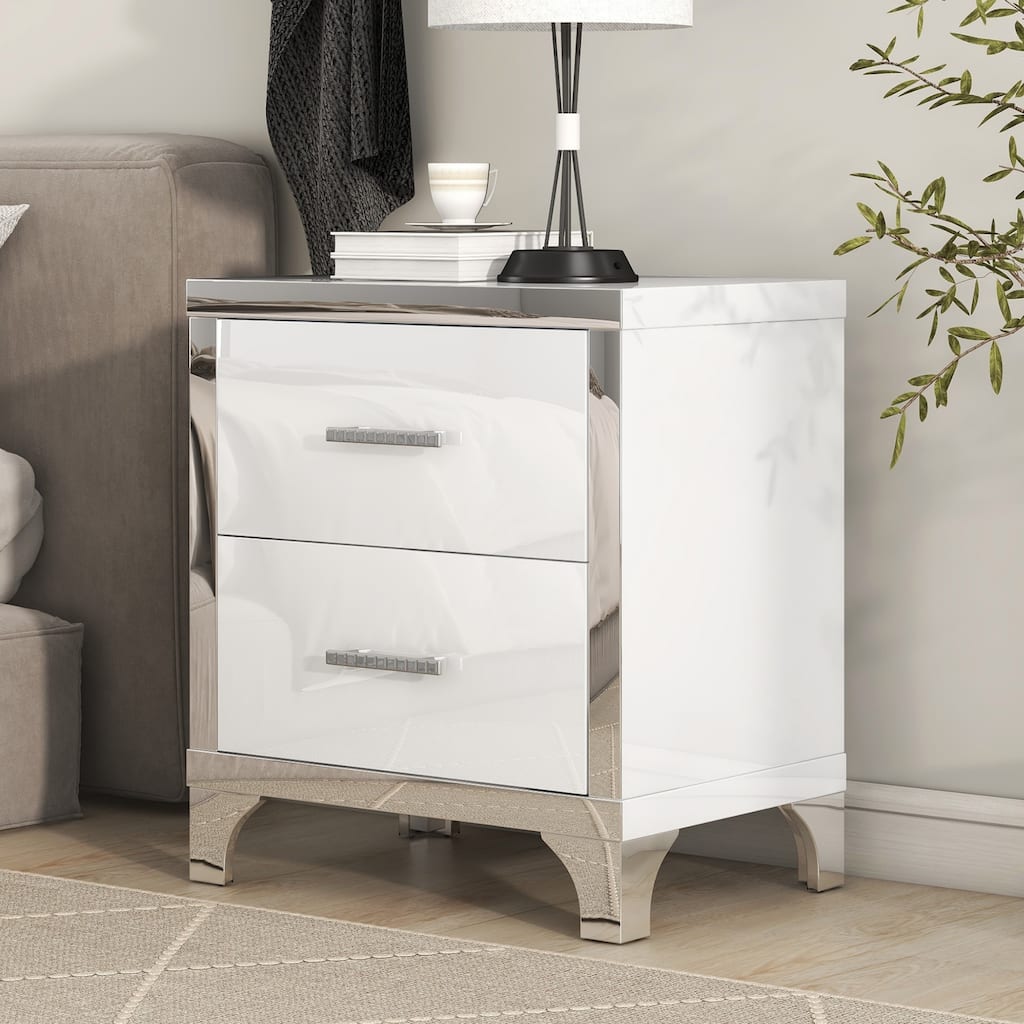 High Gloss Mirrored Nightstand with 2 Drawers, Sturdy MDF Construction, Easy Assembly, White