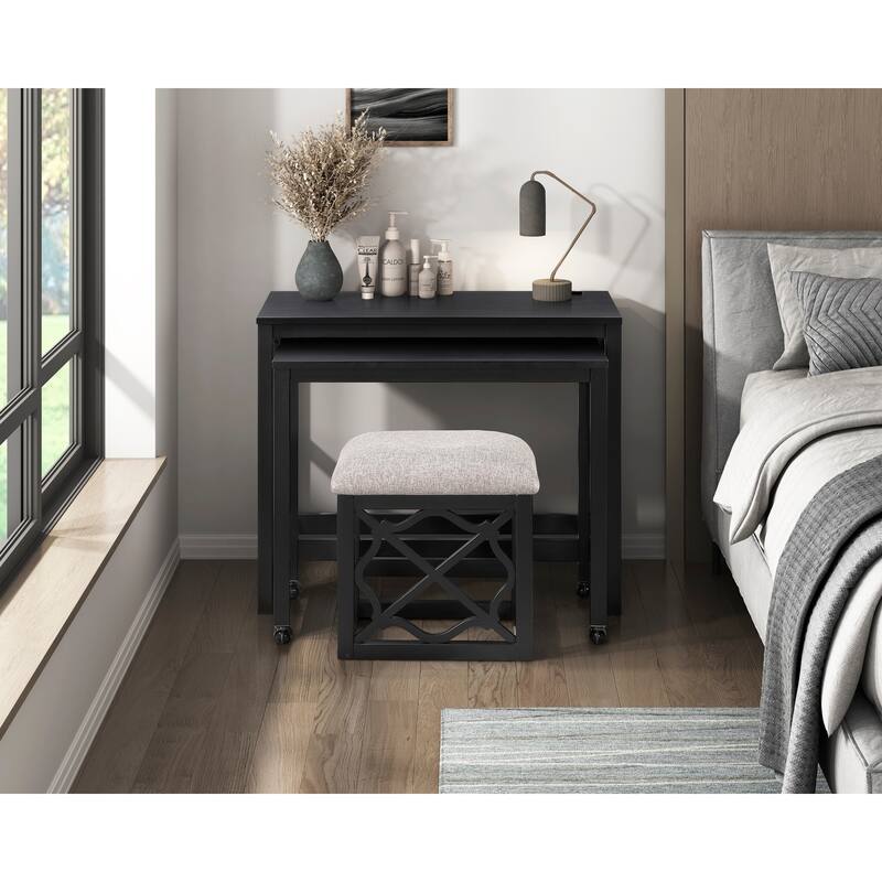 Desks and Stool Set 3pc Black Finish Rolling Desk with Casters, 2 Charging ports Home Office Furniture
