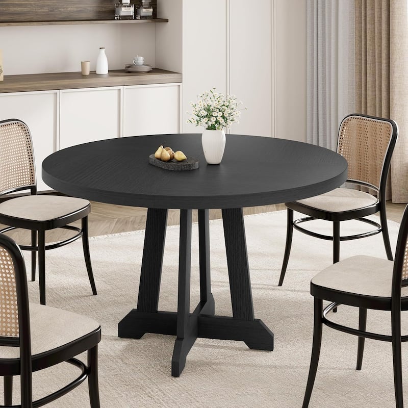 47 Inch Round Farmhouse Kitchen Dining Table for 4-6 with Wood Pedestal Cross Base (Only Table) - Black
