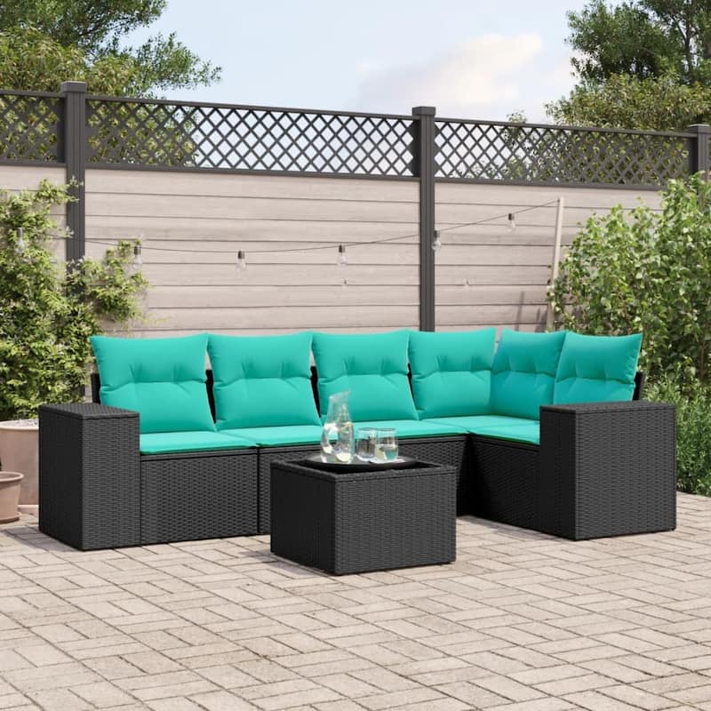 vidaXL 5 Piece Patio Sofa Set with Cushions Black Poly Rattan - 21.7 x 24.4 x 27.2-With table