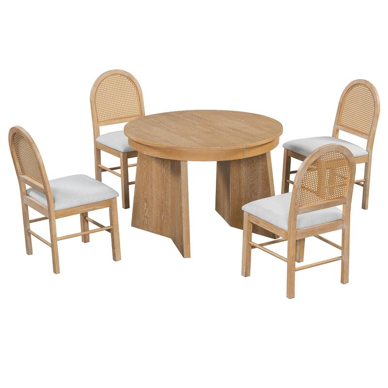 5-Piece Round Dining Table Set For 4,Retro Extendable Dining Table Set With 4 Upholstered Chairs,Kitchen Table And Chairs