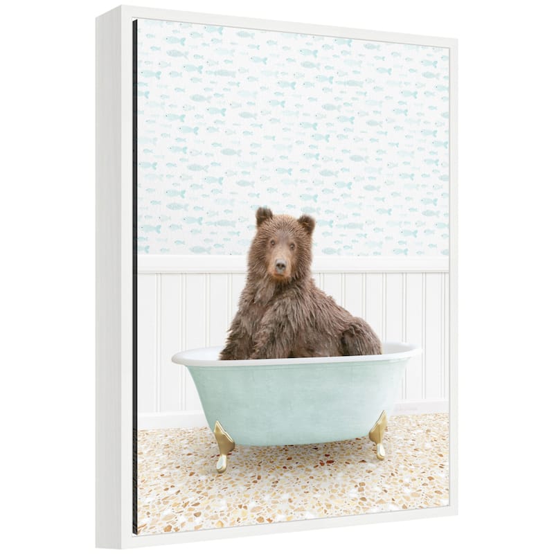Kate and Laurel Sylvie Bear in Little Fish Bathtub Framed Canvas by Amy Peterson - White