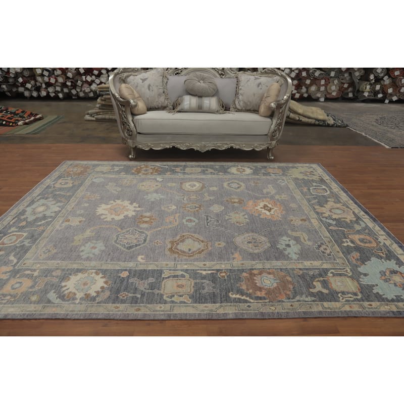 Vegetable Dye Wool Oushak Turkish Area Rug, Floral Geometric Carpet - 9' 9'' X 8' 0''