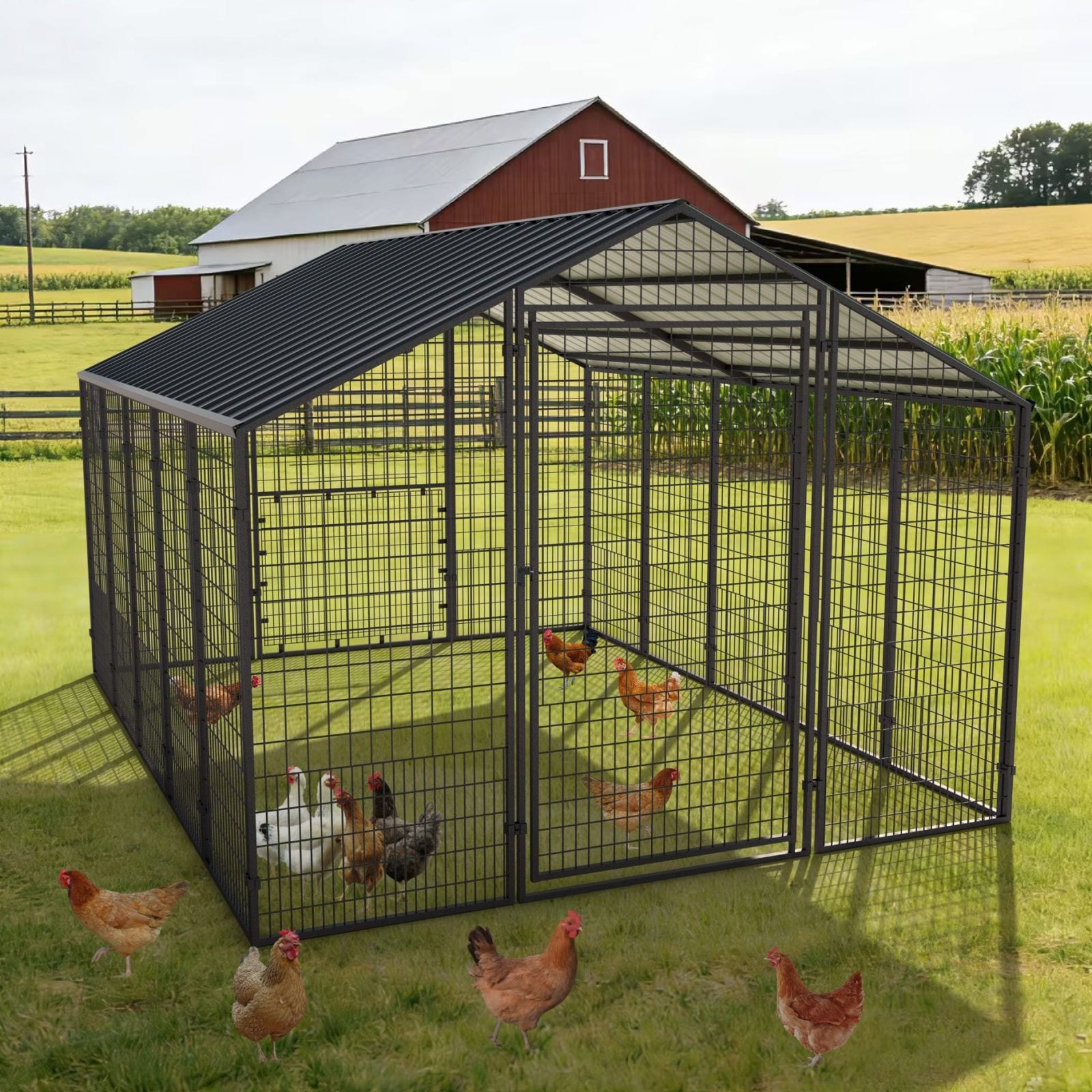 VEIKOUS Outdoor Walk-in Chicken Coop with Galvanized Metal Roof for Poultry, Ducks