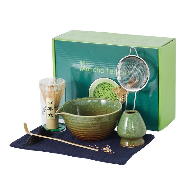 7-Piece Matcha Tea Set with Ceramic Bowl & Bamboo Tools, Green