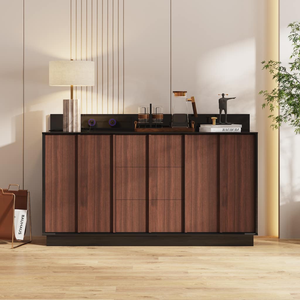 Modern Black High-Gloss Sideboard Buffet Cabinet with Coffee Wood Grain Doors, Sliding Power Outlet & Cable Management Box