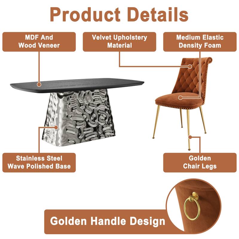 7-Piece Clihome Modern Stainless Steel Table Velvet Chair Dining Set
