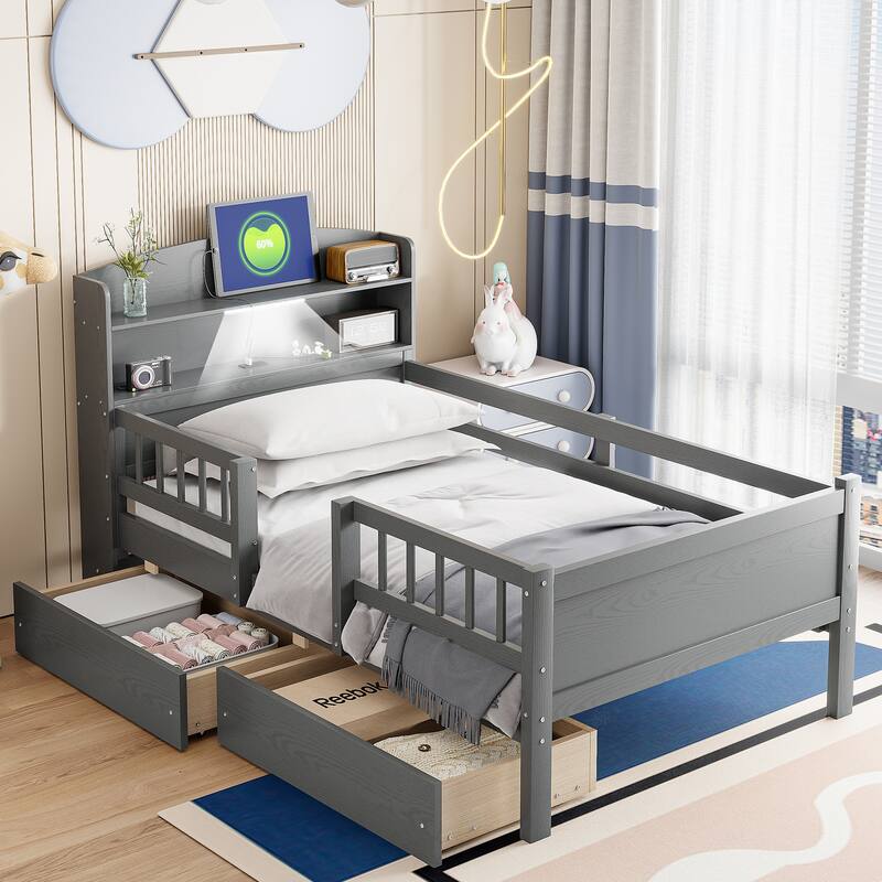 Wood Twin Size Platform Bed with Built in LED Light