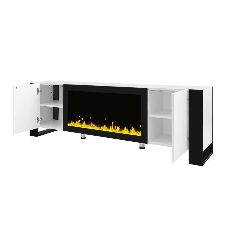 Modern 68.1 TV Stand with Built-in Fireplace, High Gloss Finish, and Spacious Cabinets for Organized Living.