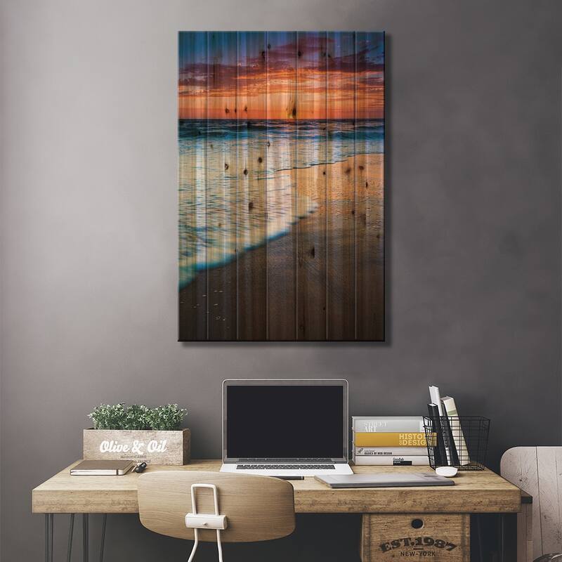 Sunset over the Pacific Ocean from Ventura State Beach, Ventura, California, USA Print On Wood by Russ Bishop - Multi-Color