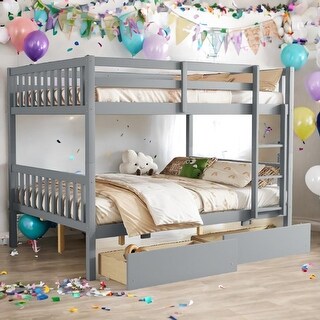 Full over Full Rubber Wood Bunk Bed with 2 Drawers,Convertible into 2 Full Beds,Ladder and Safety Guardrails