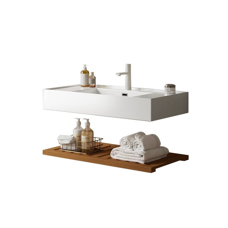 Elegant Floating Bathroom Vanity Set with Wall-mounted Rectangular Integrated Acrylic Basin and Wood Grain Striped Shelf