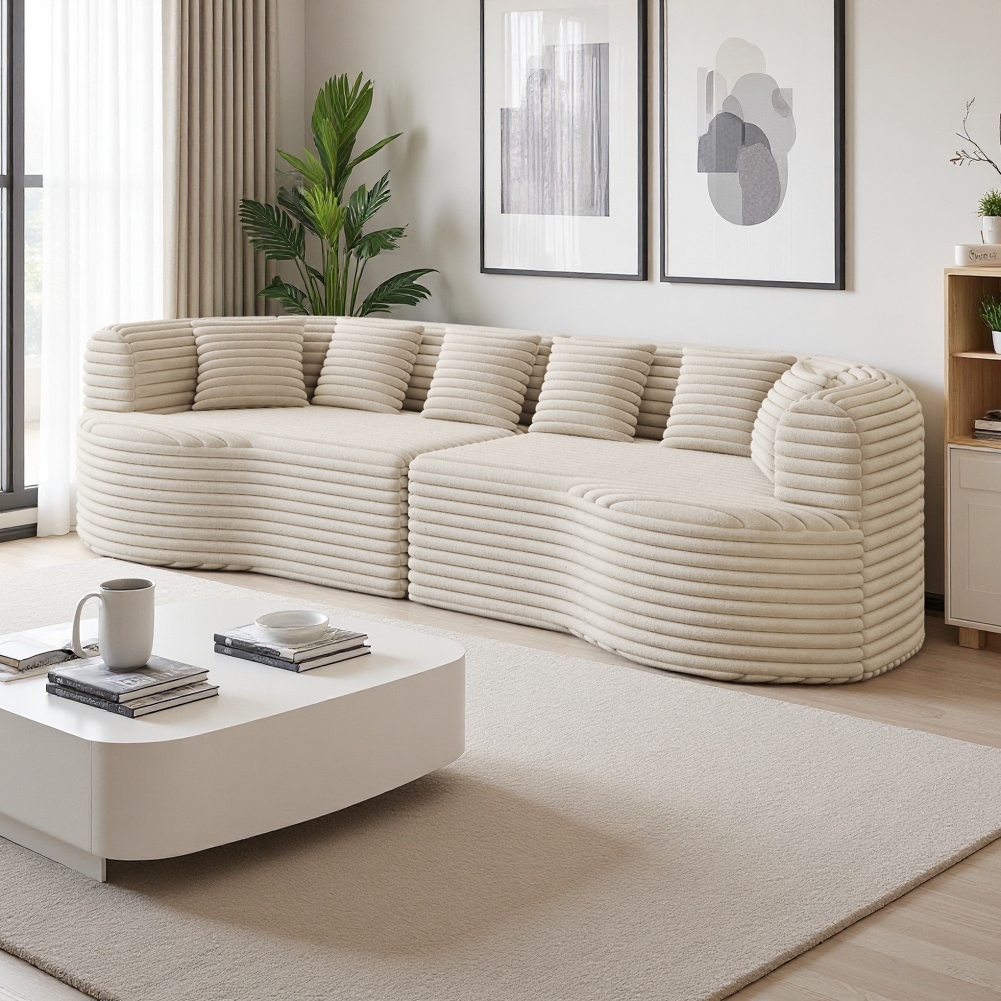 106.3" Corduroy Curved Sectional Sofa with 6 Pillows & Memory Foam (4-Seater)