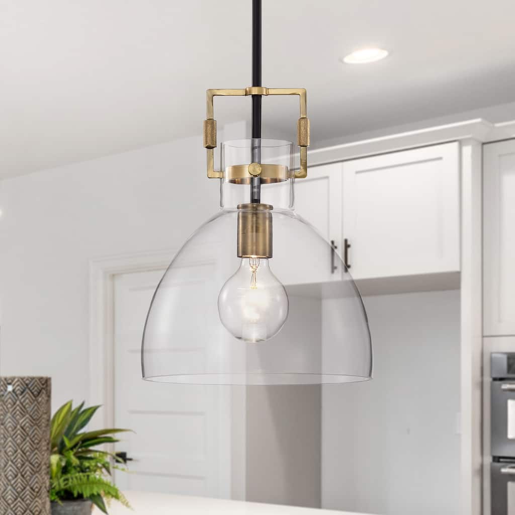 Black and Antique Gold 1-Light 10 Inch Bowl Glass Pendant