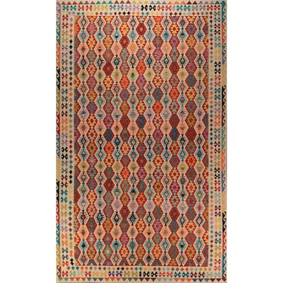 All-Over Geometric Kilim Oriental Large Rug Flatweave Wool Carpet - 10'3" x 16'6"