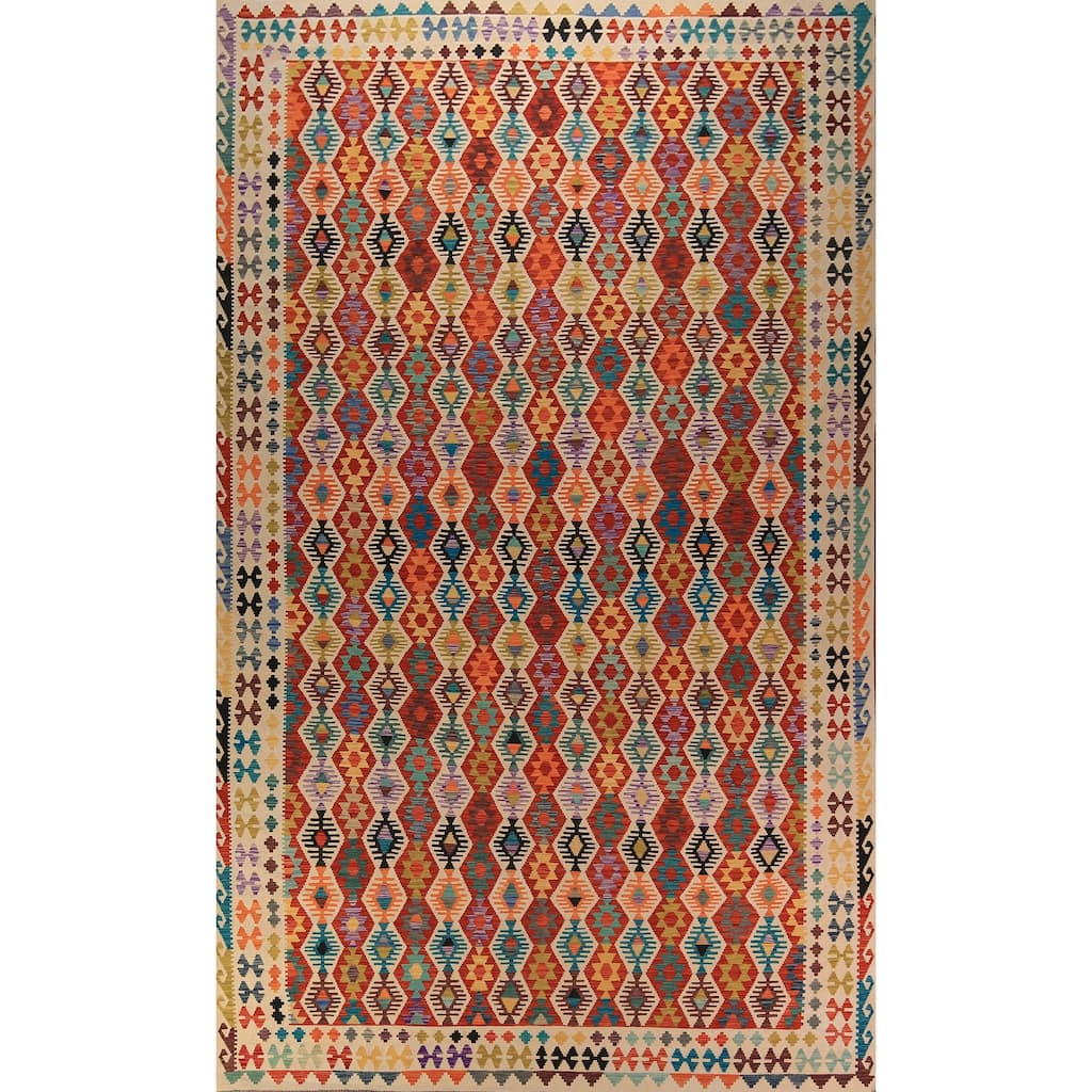 All-Over Geometric Kilim Oriental Large Rug Flatweave Wool Carpet - 10'3" x 16'6"