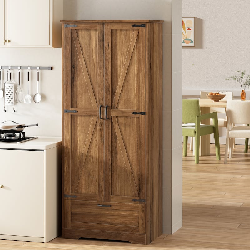 Beverage Cabinet with Drawer & Adjustable Shelves - Storage Organizer for Kitchen, Pantry, or Dining Room - Brown