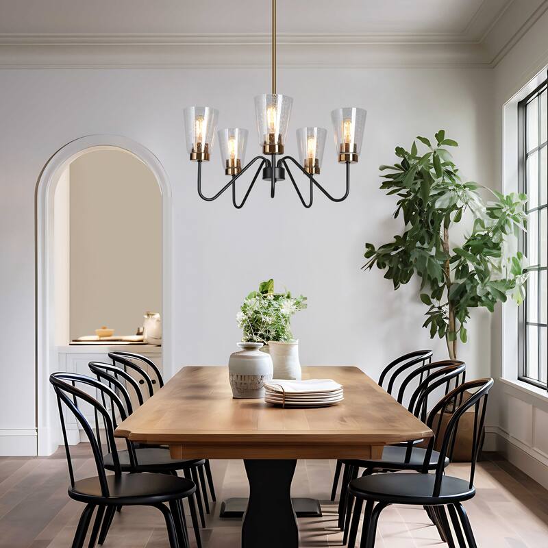 Ivelle Modern 5-Light Black Gold Wheel Chandelier Seeded Glass Pendant Lights for Dining Room - 22 “