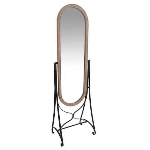 Oval Mirror with Wooden Encasing and Metal Stand, Brown and Black