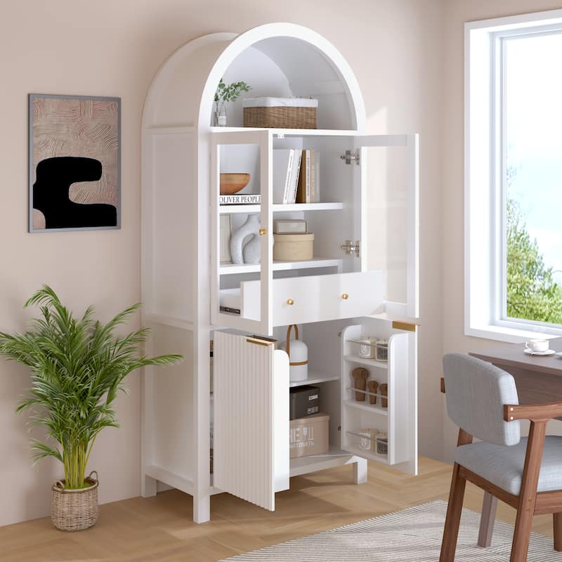71" Fluted Tall Arched Pantry Cabinet with Adjustable Shelves, Elegant Display Storage with Hidden Drawer & Glass Door