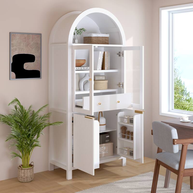 Fluted Arched Pantry Cabinet, Display Cabinet with Hidden Drawer & Glass Door, Storage Cabinet with Adjustable Shelves