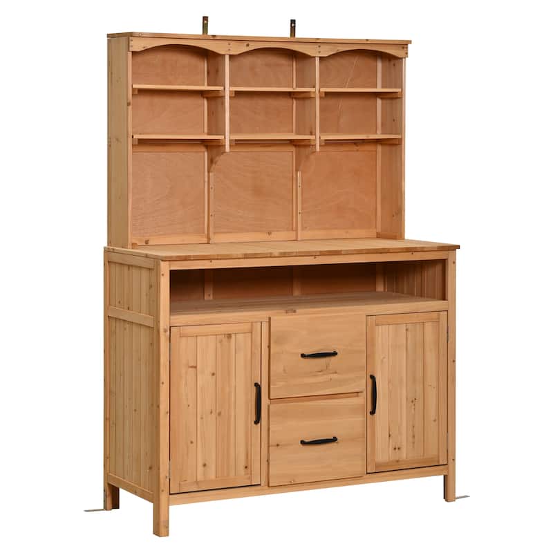 45" Fir Wood Outdoor Potting Bench with Hutch, Cabinets, and Drawers