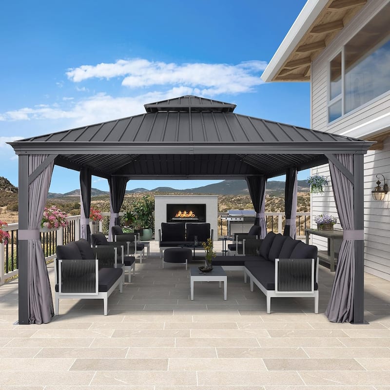 PURPLE LEAF Outdoor Galvanized Steel Hardtop Gazebo, Aluminum Frame Gazebo With Curtains and Light - 12ft x 24ft