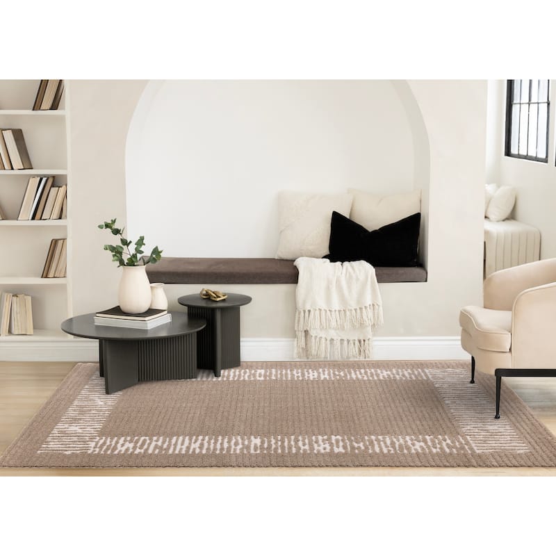 Taupe White Striped Border Soft Textured Rug