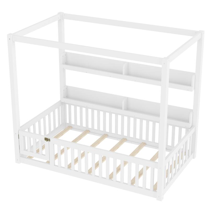 Montessori-Inspired Design Canopy Bed Kids Solid Wood Floor Bed Frame with Built-in Storage Shelves and Child-Safe Guardrails