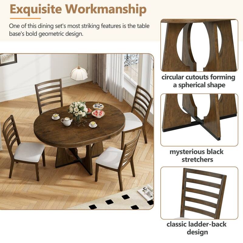 5-Piece Solid Wood Retro Rustic Functional Dining Set with 16" Removable Middle Leaf